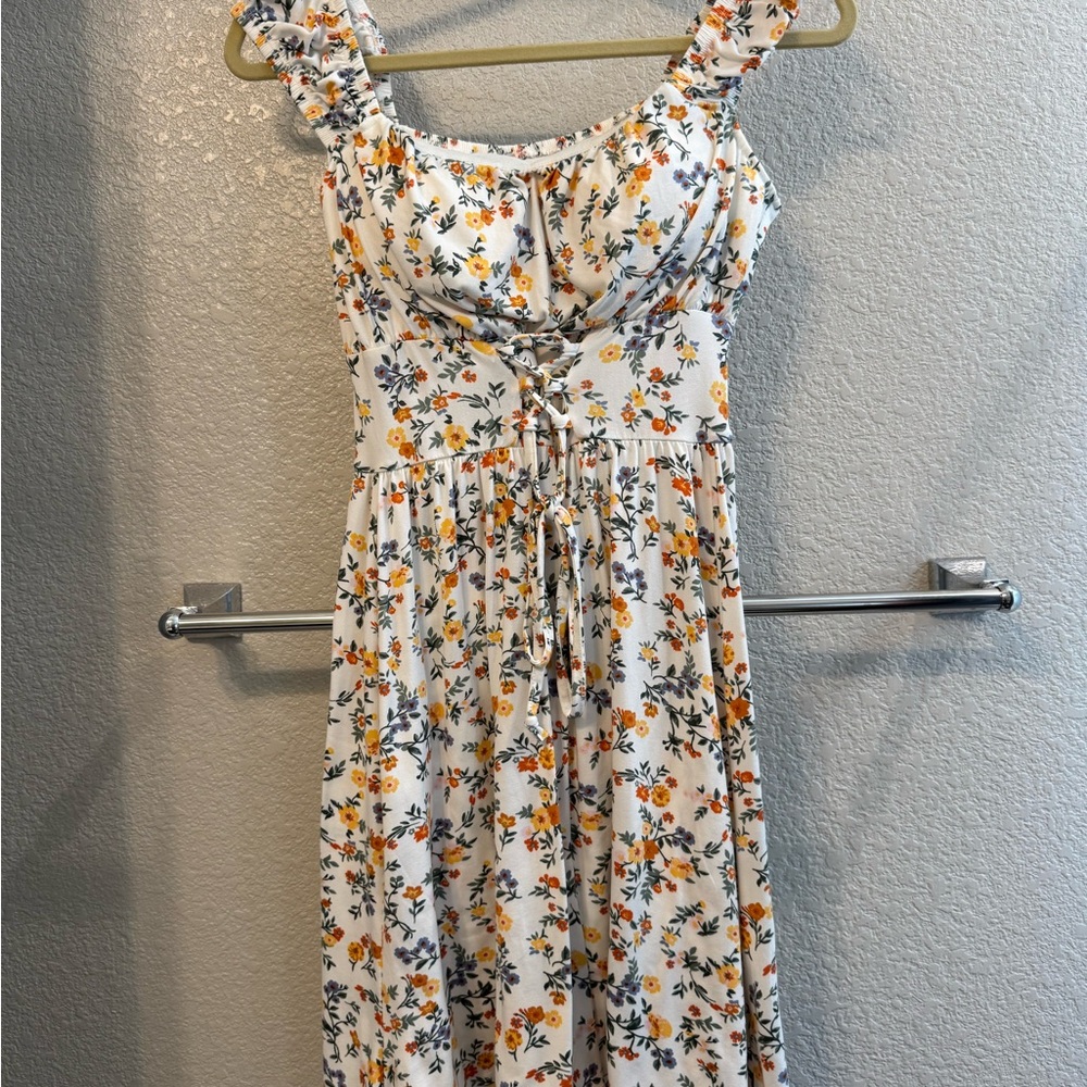 Amazon White Floral Midi Dress with Yellow and Green Print